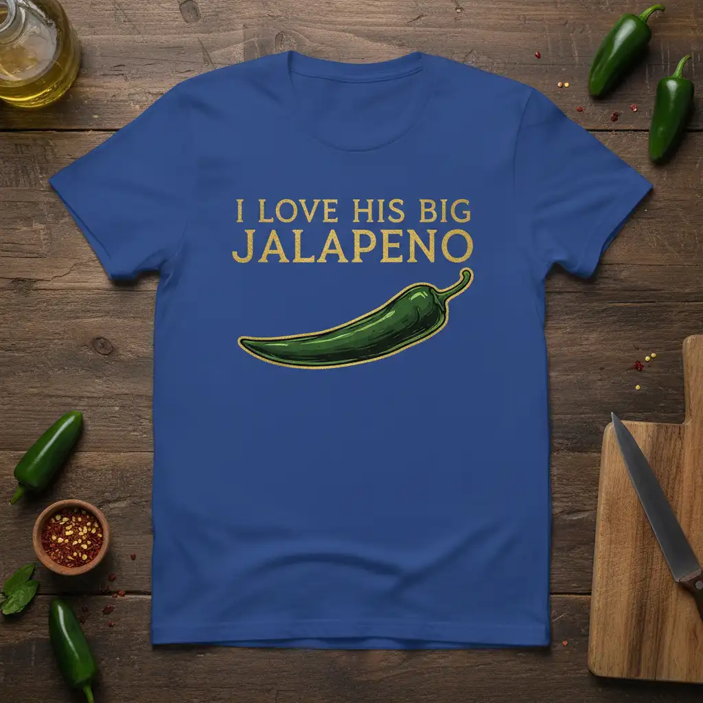 I Love His Big Jalapeno quote with a bold green jalapeno graphic on a blue shirt