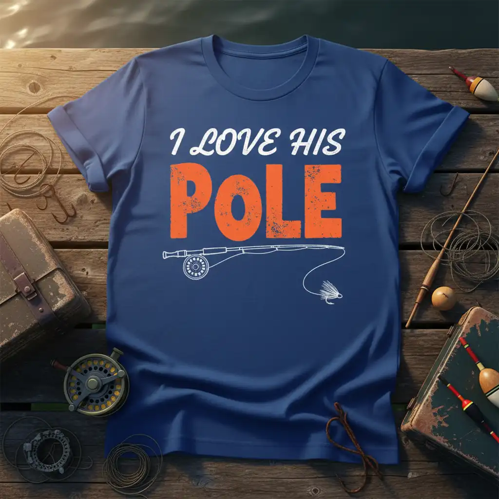 I LOVE HIS POLE fishing wife quote with fishing rod graphic on a blue t-shirt