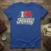 Retro "I Love Holly" text with a red heart graphic on a blue t-shirt, perfect for name lovers
