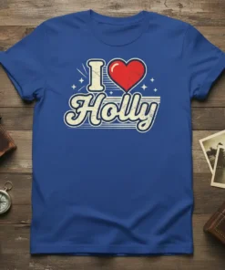 Retro "I Love Holly" text with a red heart graphic on a blue t-shirt, perfect for name lovers