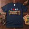 I Love Hot Cowboys graphic t-shirt design with bold gold lettering and a red heart symbol