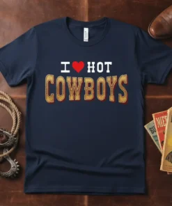 I Love Hot Cowboys graphic t-shirt design with bold gold lettering and a red heart symbol