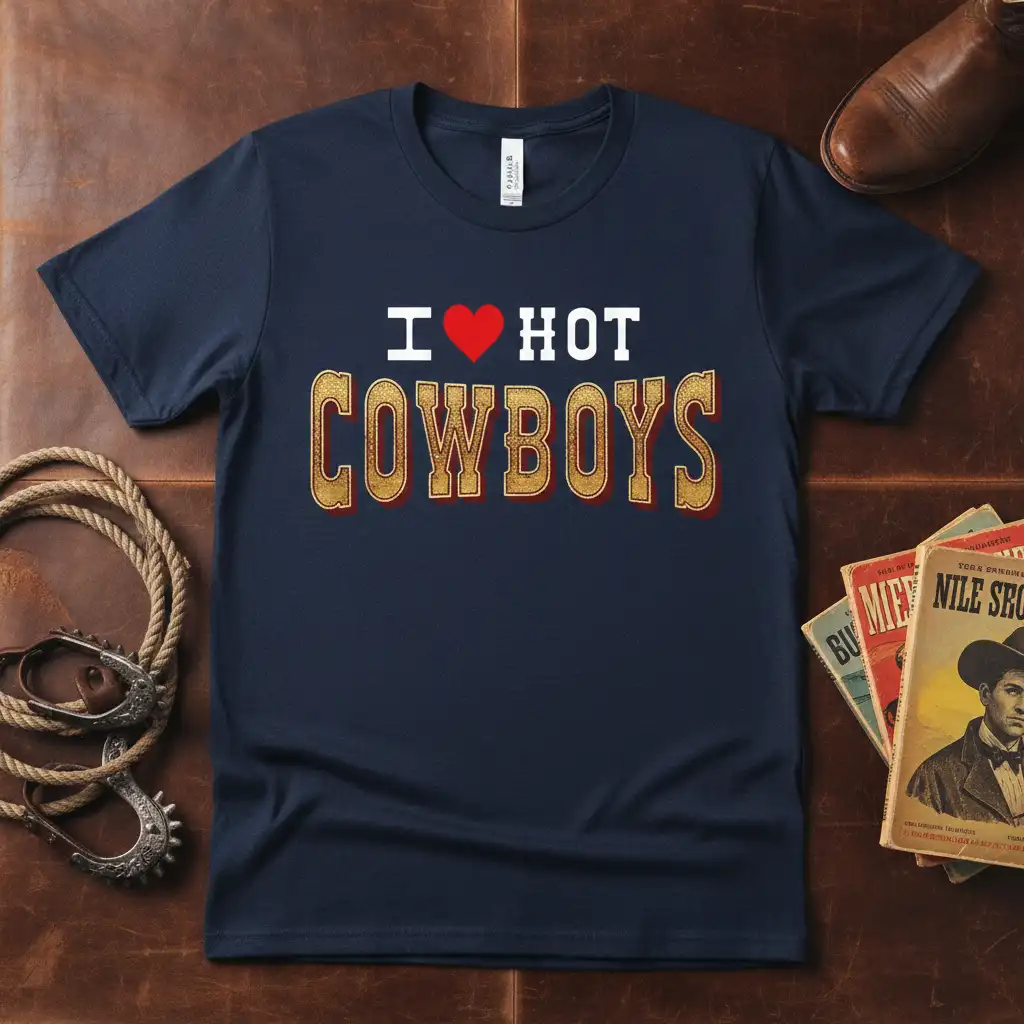 I Love Hot Cowboys phrase with a heart graphic on a navy blue t-shirt, ideal for Western enthusiasts