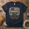 I Love Hot Cowboys t-shirt design with red heart, cowboy boots, and western scrollwork