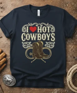 I Love Hot Cowboys t-shirt design with red heart, cowboy boots, and western scrollwork