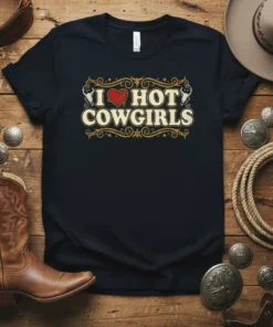 I Love Hot Cowgirls text with heart graphic on a navy t-shirt, western style design