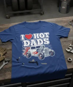 I Love Hot Dads text with a red heart and a vintage hot rod car with flames graphic on a