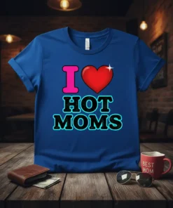 I Love Hot Moms t-shirt design with large pink 'I', red heart, and bold blue text "HOT MOMS"