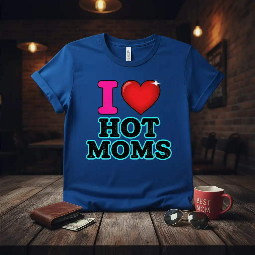 I Love Hot Moms text design with a pink I, red heart, and blue HOT MOMS font on a t-shirt