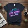 I Love Hot Moms Respectfully quote in neon retro font on a navy t-shirt. Includes a heart and geometric shapes