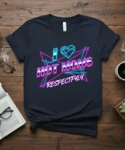 I Love Hot Moms Respectfully quote in neon retro font on a navy t-shirt. Includes a heart and geometric shapes