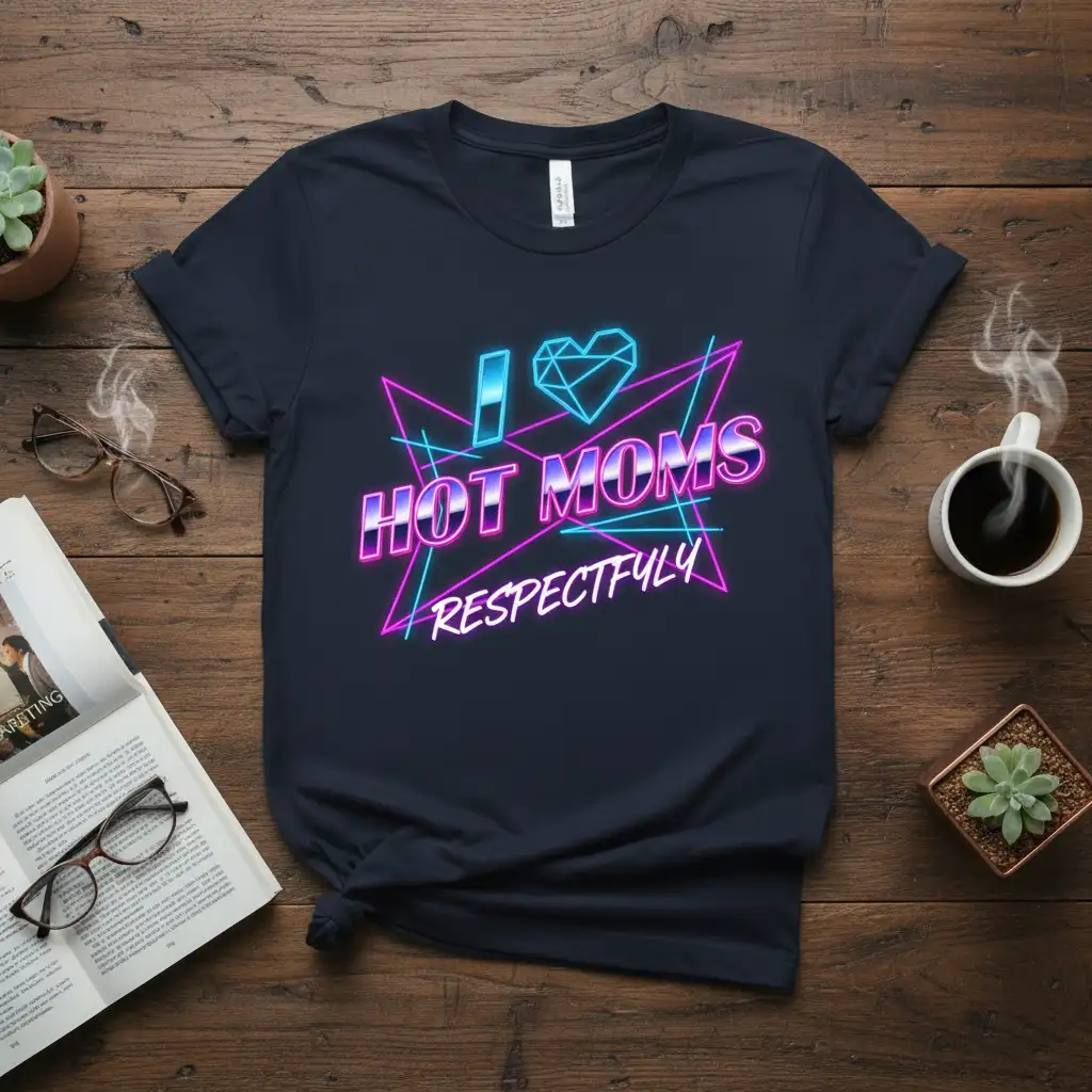 I Love Hot Moms Respectfully neon retro design on navy blue t-shirt