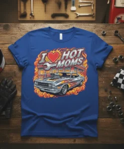 I Love Hot Moms t-shirt with a vintage muscle car, flames, and a wrench graphic