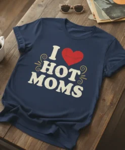 Navy blue t-shirt with distressed white text "I Love Hot Moms" and a red heart graphic