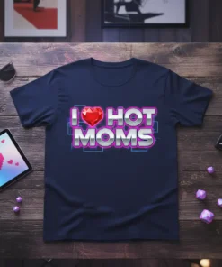 I Love Hot Moms T-Shirt featuring a red heart and bold metallic text