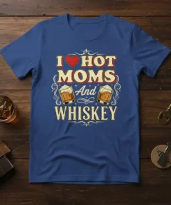 I Love Hot Moms And Whiskey text with heart graphic and two whiskey glasses on a blue t-shirt