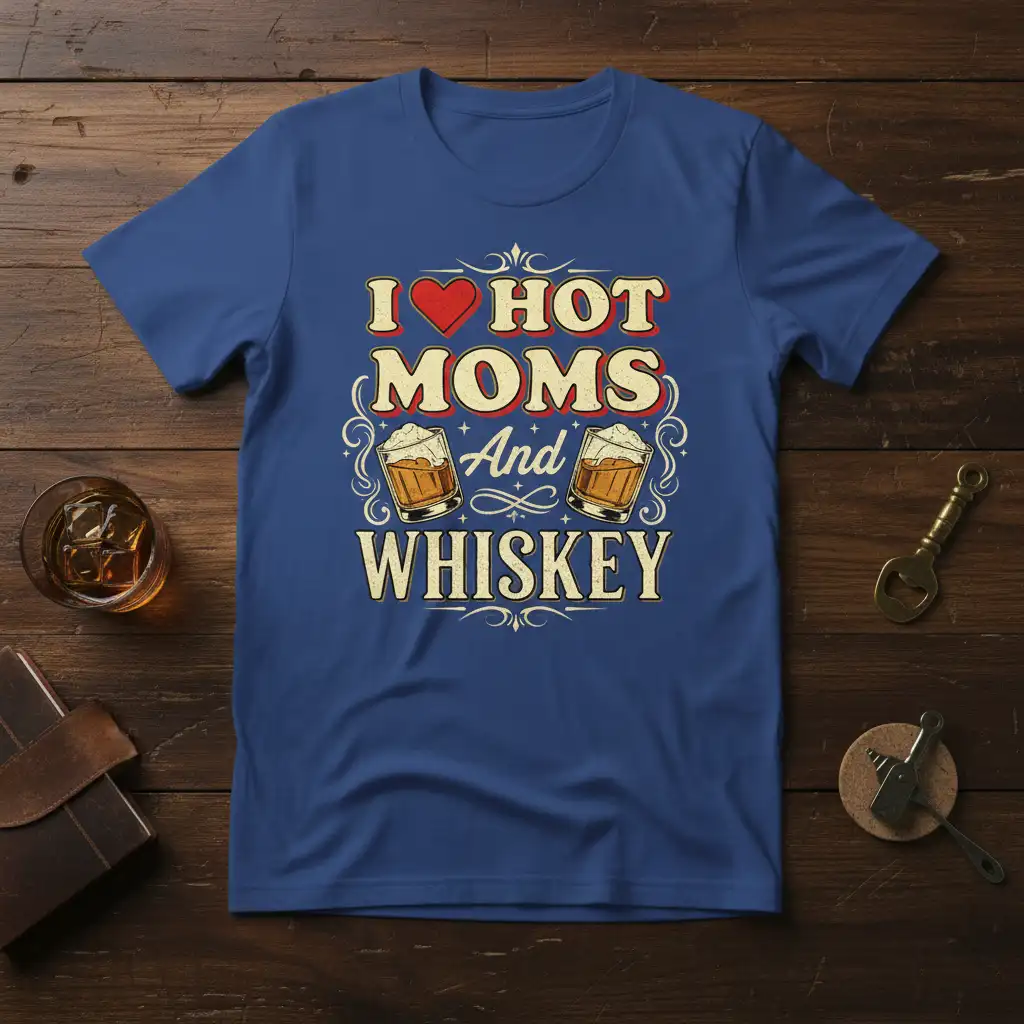 I Love Hot Moms And Whiskey quote with heart and whiskey glasses graphic on a blue t-shirt
