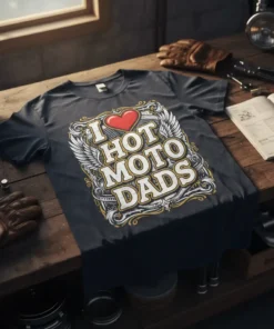I Love Hot Moto Dads text with a red heart and wings graphic on a dark t-shirt