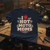I Love Hot Moto Moms t-shirt design with flaming heart, wings, and pistons