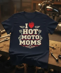 I Love Hot Moto Moms t-shirt design with flaming heart, wings, and pistons