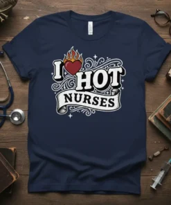 T-shirt with "I Love Hot Nurses" text and a heart with flames, designed for nurses and healthcare appreciation