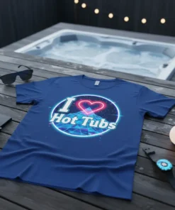 I Love Hot Tubs graphic t-shirt with a neon heart and geometric mountain design in a circle