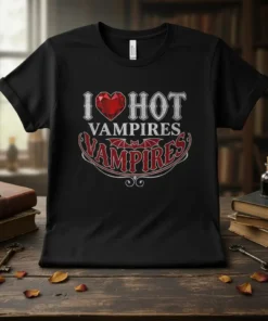 Black t-shirt with "I Love Hot Vampires" text and a red gem heart graphic, featuring a vintage-style vampire design with