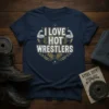 I Love Hot Wrestlers text design with graphic of flexed arms and wrestling belts on a navy blue t-shirt