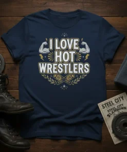 I Love Hot Wrestlers text design with graphic of flexed arms and wrestling belts on a navy blue t-shirt