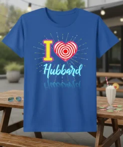 I Love Hubbard text with a red and white striped heart graphic on a blue t-shirt design