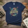 I Love Hummers text with four colorful hummingbirds in a circle design on a navy t-shirt