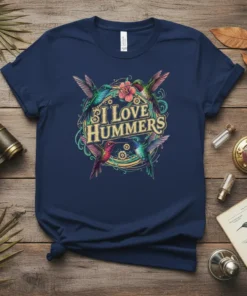 I Love Hummers text with four colorful hummingbirds in a circle design on a navy t-shirt
