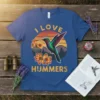 I Love Hummers t-shirt with a vibrant hummingbird and flowers, featuring retro sunset design
