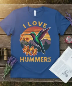 I Love Hummers t-shirt with a vibrant hummingbird and flowers, featuring retro sunset design