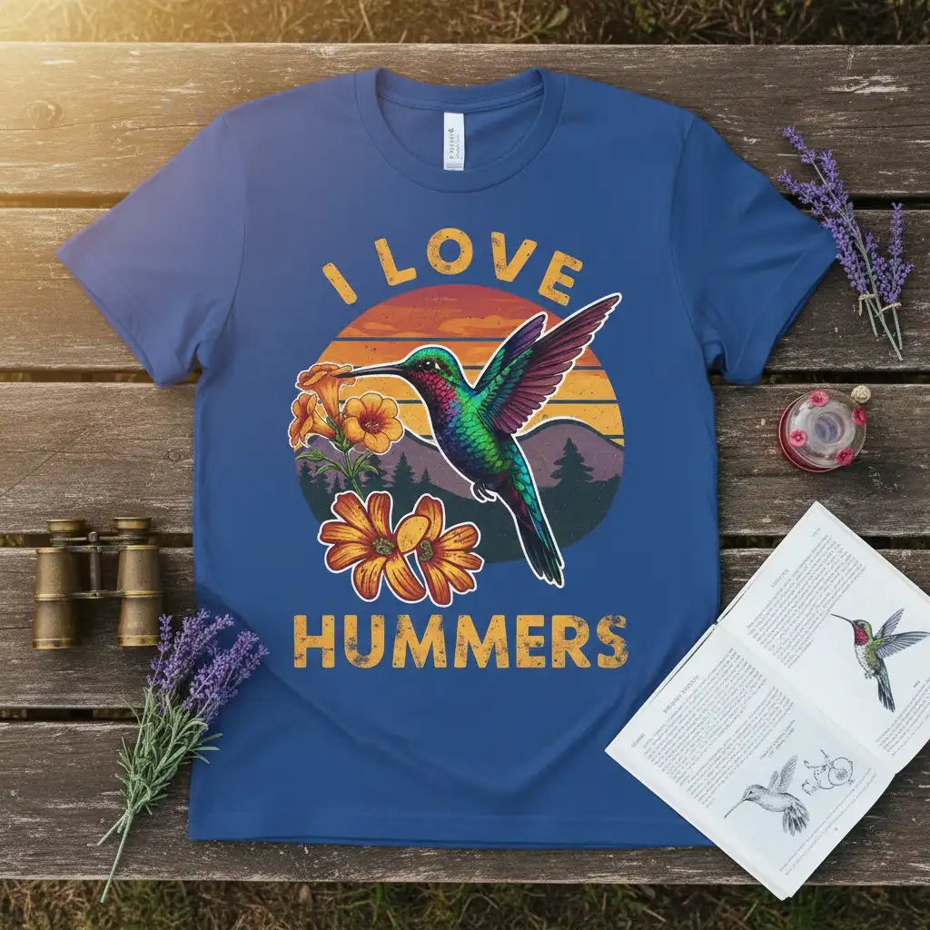 I Love Hummers quote with a vibrant hummingbird and orange flowers against a retro sunset graphic on a blue t-shirt