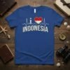 I Love Indonesia t-shirt with a distressed Indonesian flag heart and heartbeat graphic