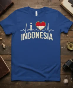 I Love Indonesia t-shirt with a distressed Indonesian flag heart and heartbeat graphic