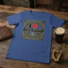 I Love Ireland t-shirt with red heart and Celtic knot border design, featuring harp and shamrocks