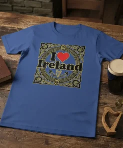 I Love Ireland t-shirt with red heart and Celtic knot border design, featuring harp and shamrocks