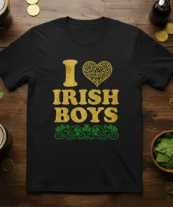 Black t-shirt with gold text "I Love Irish Boys" and green shamrock border, St. Patrick's Day theme