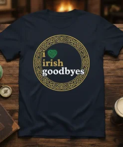 I Love Irish Goodbyes t-shirt with a green heart and Celtic knot design. The text "i irish goodbyes" is prominently
