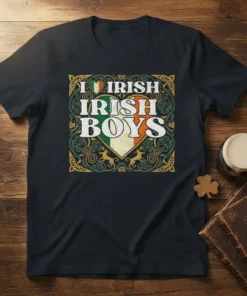 T-shirt design with text "I Love Irish Irish Boys" inside an Irish flag heart, framed by Celtic knotwork and shamrocks