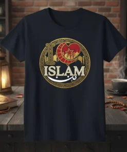 I Love Islam T-Shirt design with golden circular border, crescent moon, star, and Arabic calligraphy