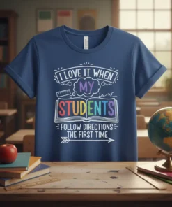 I LOVE IT WHEN MY STUDENTS FOLLOW DIRECTIONS THE FIRST TIME quote on a navy blue t-shirt, featuring colorful text