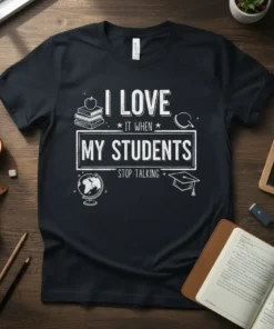 I LOVE IT WHEN MY STUDENTS STOP TALKING quote in white distressed typography on a black t-shirt with school icons