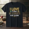 I Love It When My Students Stop Talking quote on a black t-shirt with books and sound wave graphics