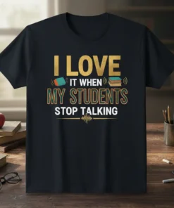 I Love It When My Students Stop Talking quote on a black t-shirt with books and sound wave graphics