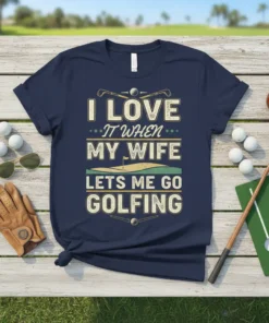 T-shirt with the text "I LOVE IT WHEN MY WIFE LETS ME GO GOLFING" in vintage style font with golf