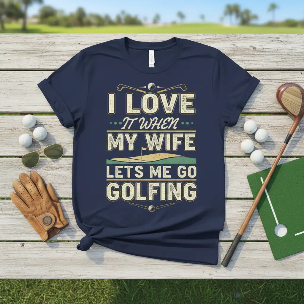 I Love It When My Wife Lets Me Go Golfing quote t-shirt with golf clubs and course graphic