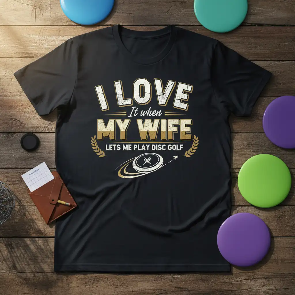 I LOVE It when MY WIFE LETS ME PLAY DISC GOLF quote on a black t-shirt with disc golf graphic